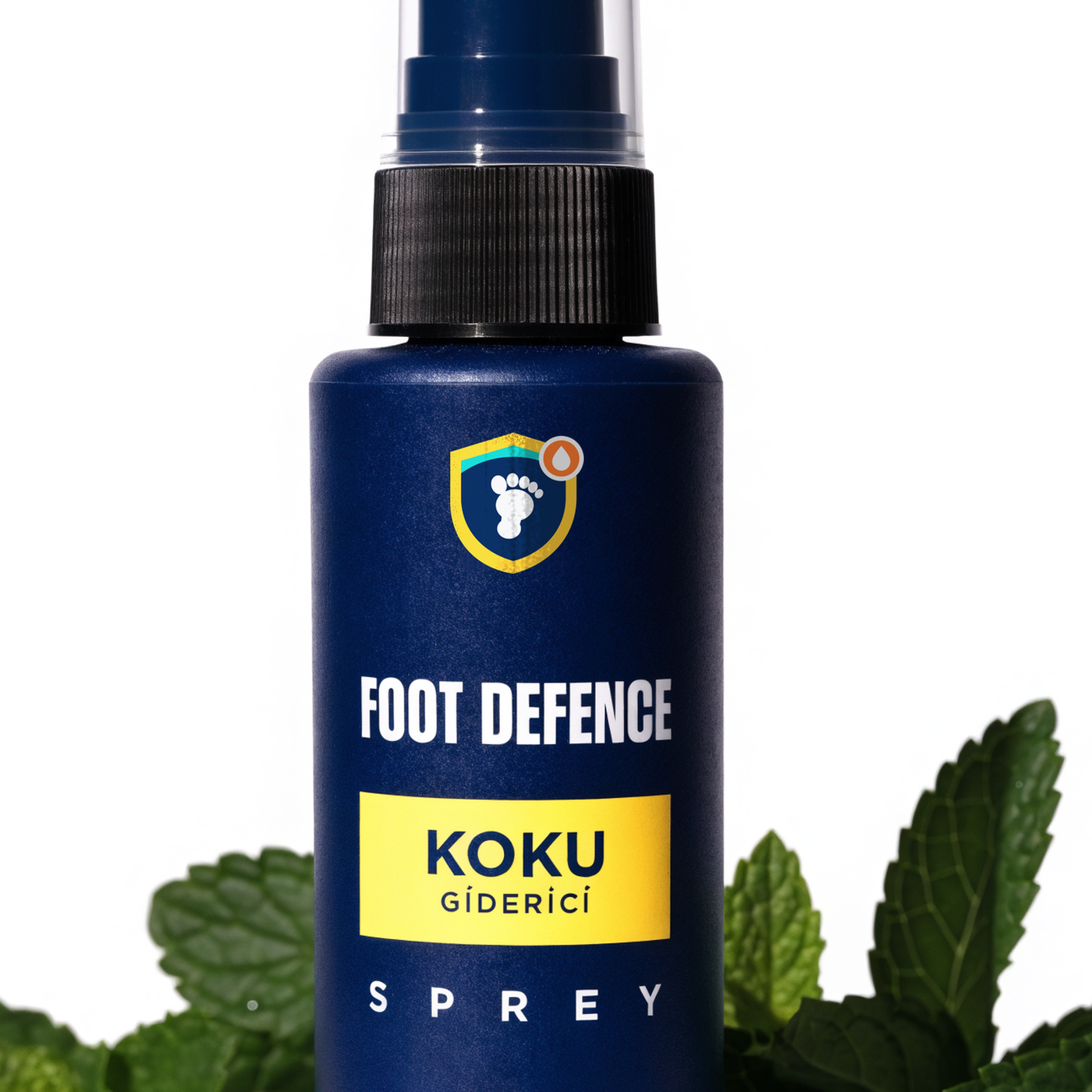 Foot Defence etiket detayı — logo ve KOKU GİDERİCİ bloğu